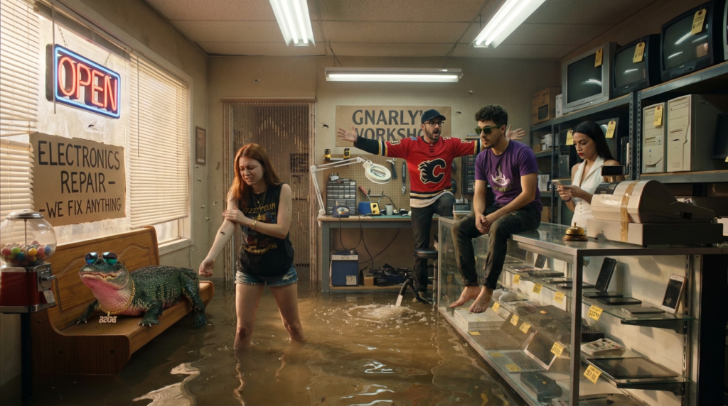 Scene 1 — The Crew Drains the Workshop