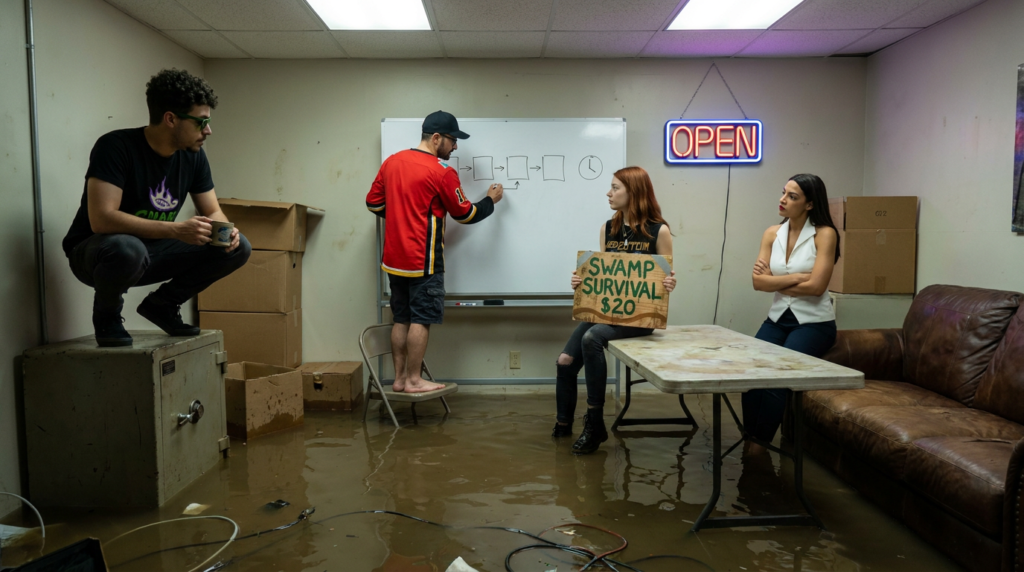 Scene 3 — The Crew Drains the Workshop